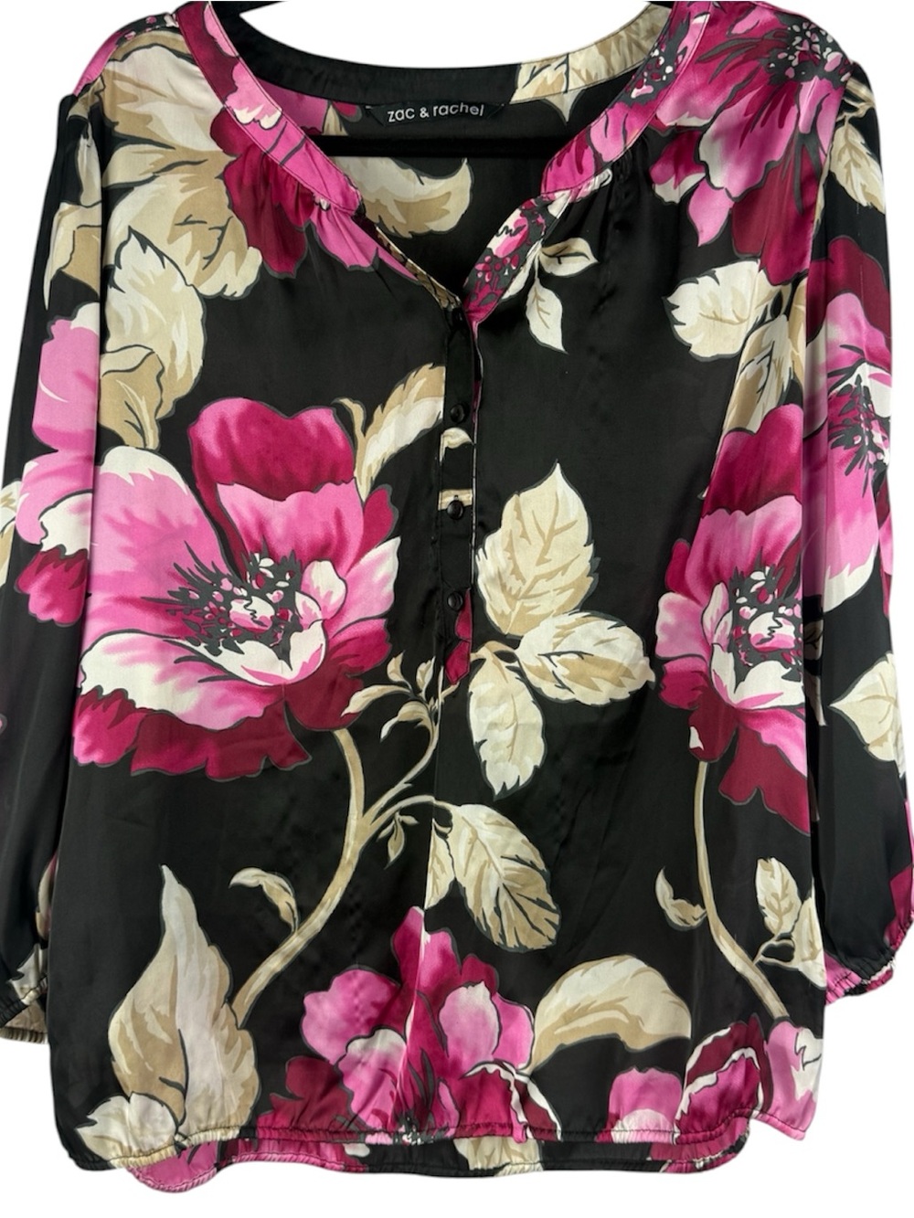Zac & Rachel Floral Satin Blouse Pink Black Henley Elastic Hem 3/4 Sleeve Large